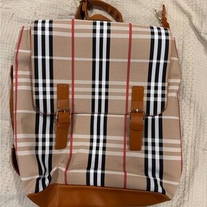 Tan Plaid Backpack with Brown Trim